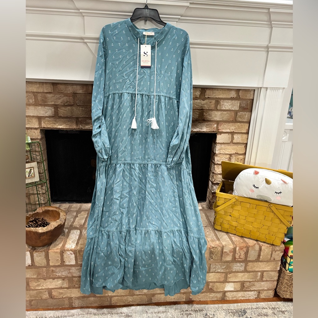 Nwt Teal Anchor Print Flowy Maxi Dress Sz L/Xl